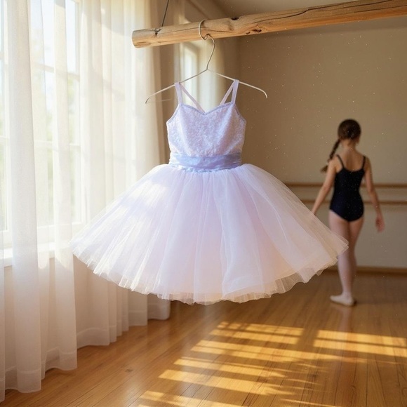 Elegant White and Blue Tulle Dress - Picture 1 of 4